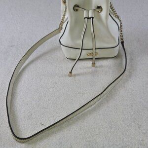White Faux Leather Bucket Bag Gold Chain Drawstring Shoulder Crossbody Purse